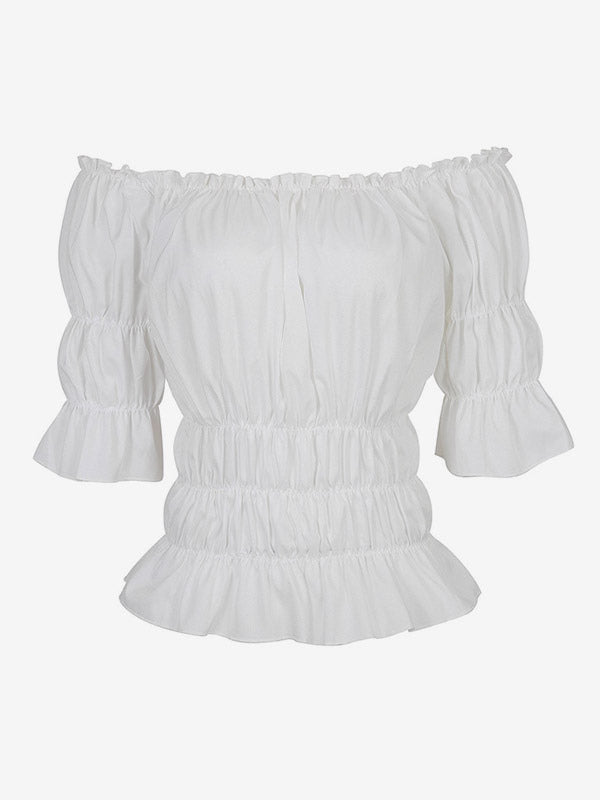Half Sleeves Tees Black Pleated Off-The-Shoulder Women T Shirt