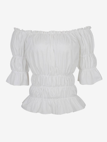 Half Sleeves Tees Black Pleated Off-The-Shoulder Women T Shirt