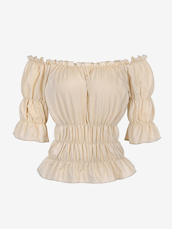 Half Sleeves Tees Black Pleated Off-The-Shoulder Women T Shirt
