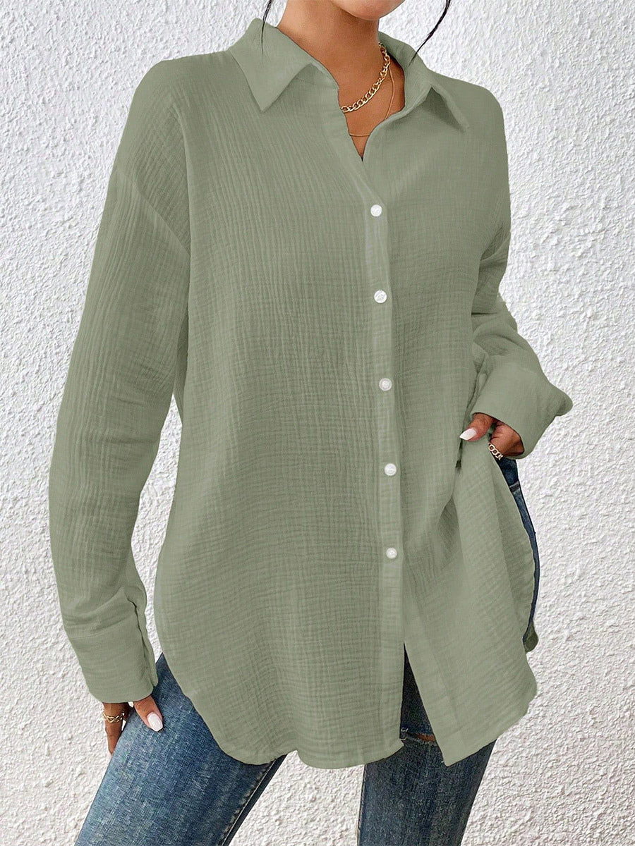 Blouse For Women Apricot Buttons Turndown Collar Chic Long Sleeves Cotton Tops