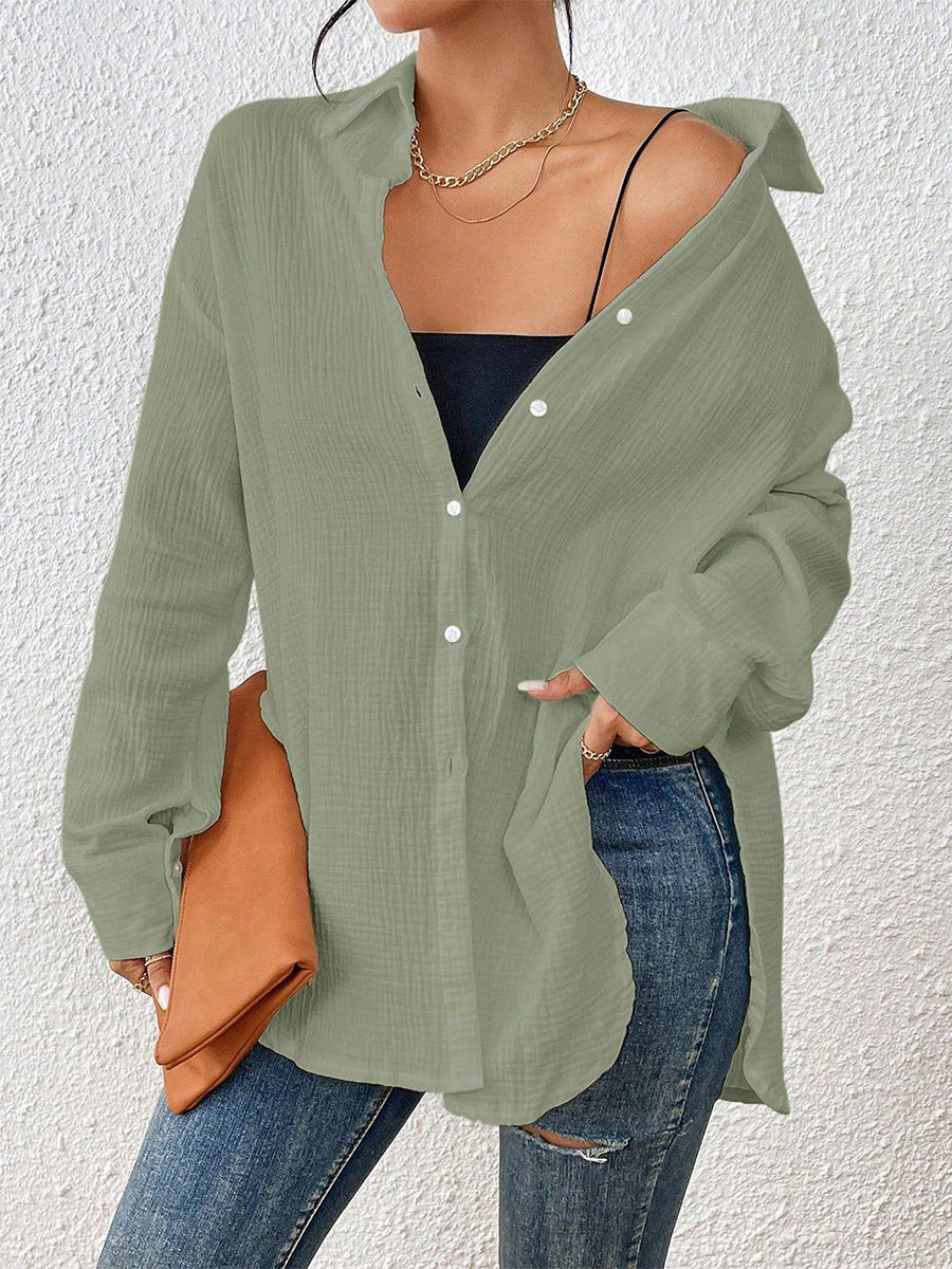 Blouse For Women Apricot Buttons Turndown Collar Chic Long Sleeves Cotton Tops