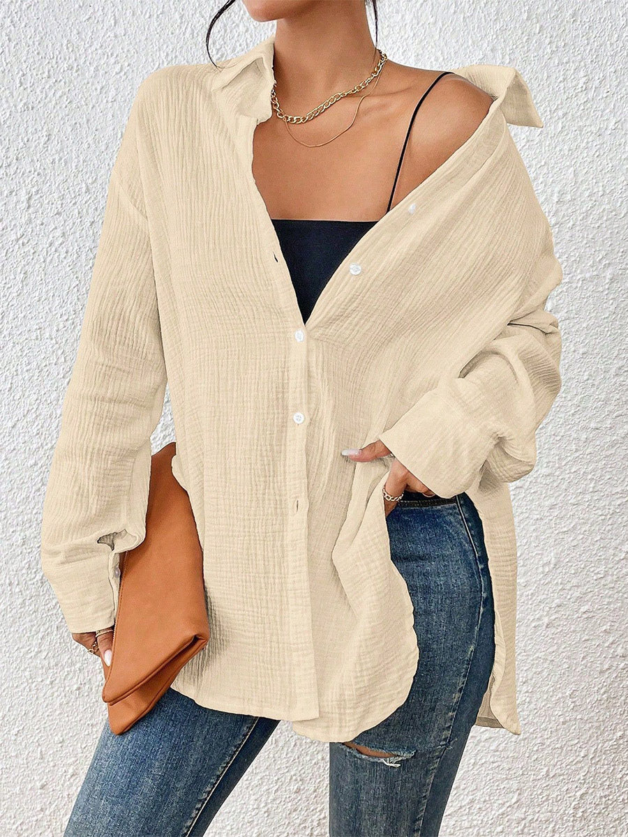 Blouse For Women Apricot Buttons Turndown Collar Chic Long Sleeves Cotton Tops