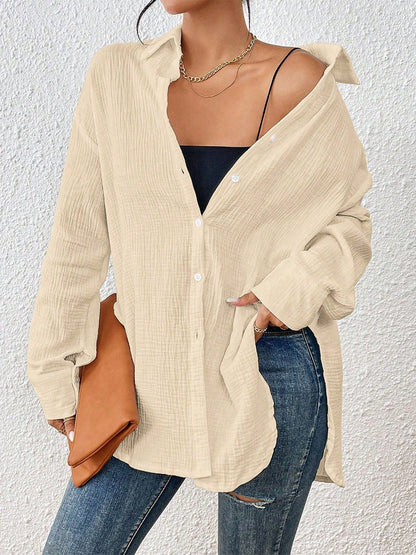 Blouse For Women Apricot Buttons Turndown Collar Chic Long Sleeves Cotton Tops