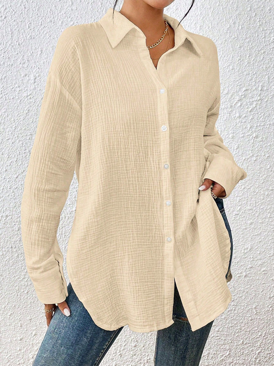 Blouse For Women Apricot Buttons Turndown Collar Chic Long Sleeves Cotton Tops