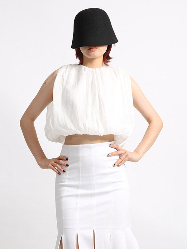 Women Crop Top Apricot Jewel Neck Chic Pleated Sleeveless Tops