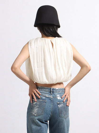 Women Crop Top Apricot Jewel Neck Chic Pleated Sleeveless Tops
