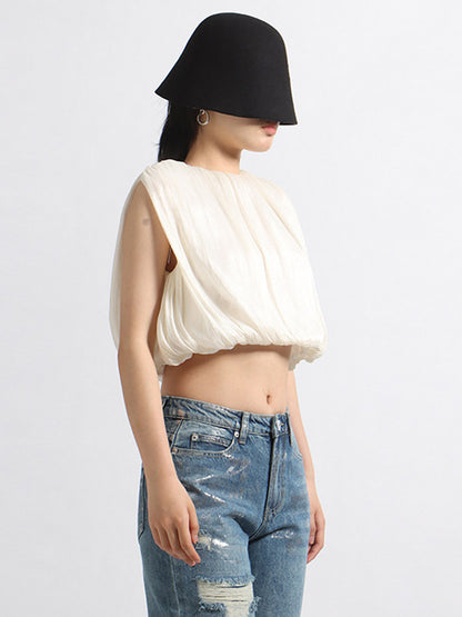 Women Crop Top Apricot Jewel Neck Chic Pleated Sleeveless Tops