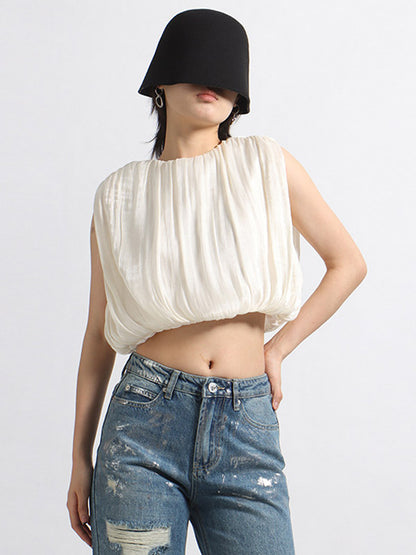 Women Crop Top Apricot Jewel Neck Chic Pleated Sleeveless Tops