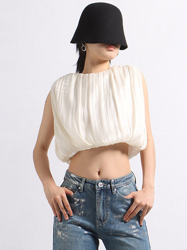 Women Crop Top Apricot Jewel Neck Chic Pleated Sleeveless Tops