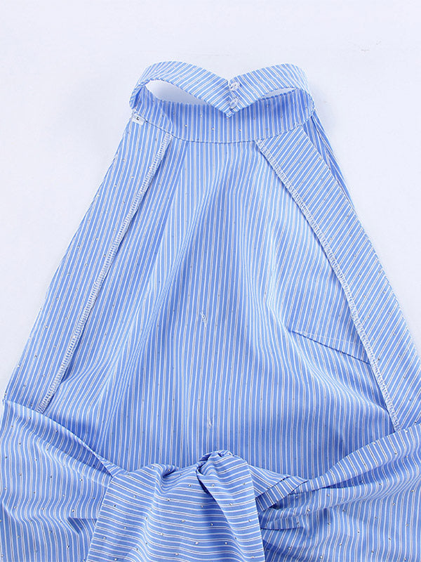 Blue Cami Top Halter Rhinestones Lace Up Sexy Cotton Women Camis