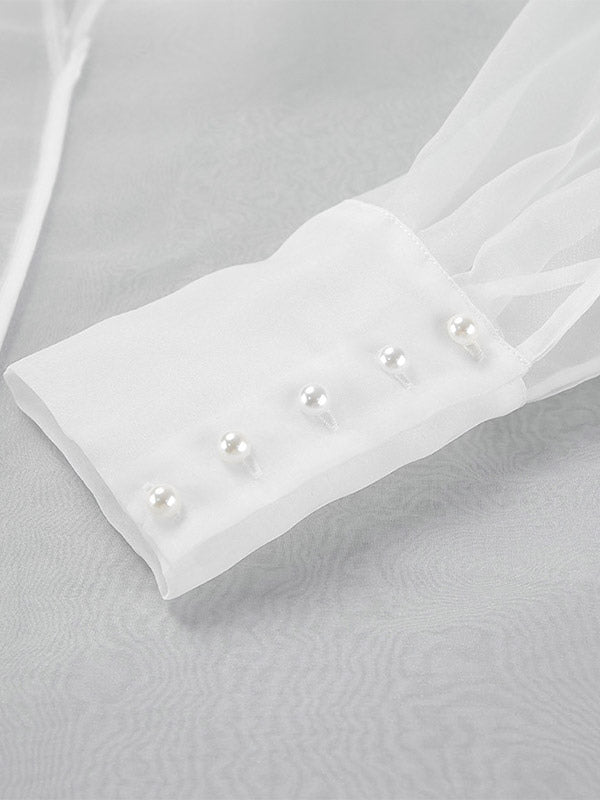 Shirt For Women White Stand Collar Clothes Chic Buttons Long Sleeves Tops