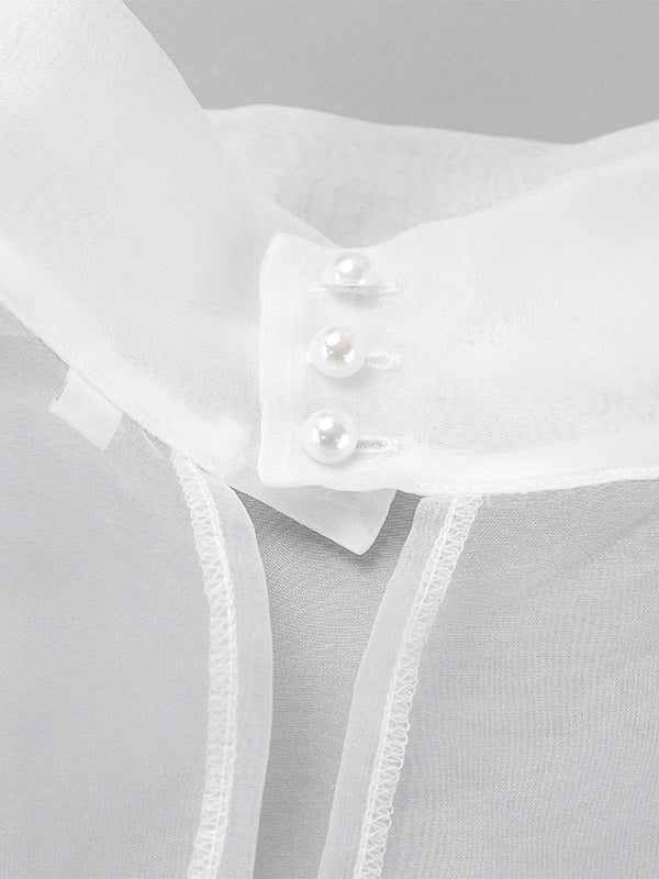 Shirt For Women White Stand Collar Clothes Chic Buttons Long Sleeves Tops