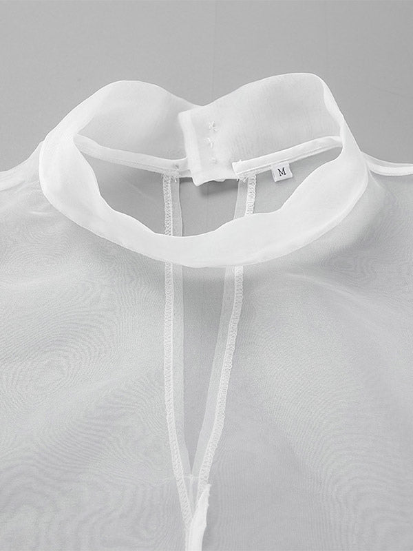 Shirt For Women White Stand Collar Clothes Chic Buttons Long Sleeves Tops