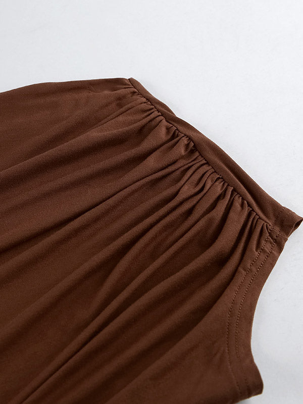Blouse For Women Brown Cotton Off-The-Shoulder Casual Ruched Short Sleeves Tops