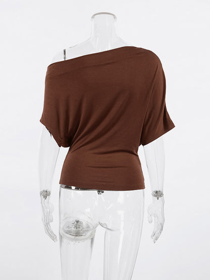 Blouse For Women Brown Cotton Off-The-Shoulder Casual Ruched Short Sleeves Tops
