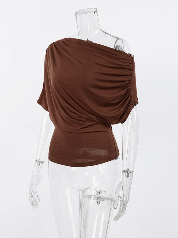 Blouse For Women Brown Cotton Off-The-Shoulder Casual Ruched Short Sleeves Tops