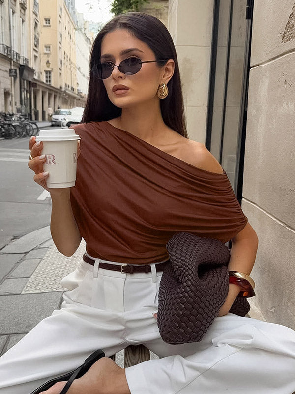 Blouse For Women Brown Cotton Off-The-Shoulder Casual Ruched Short Sleeves Tops