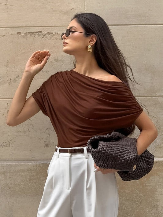 Blouse For Women Brown Cotton Off-The-Shoulder Casual Ruched Short Sleeves Tops