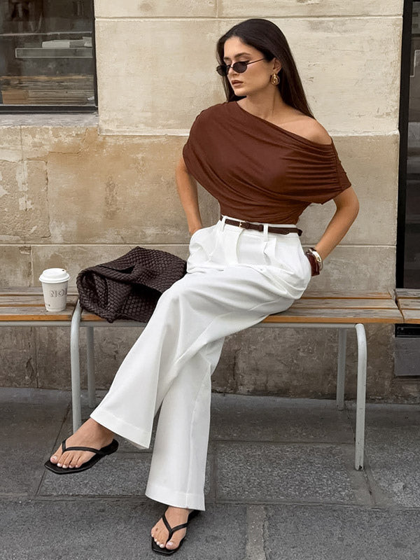 Blouse For Women Brown Cotton Off-The-Shoulder Casual Ruched Short Sleeves Tops