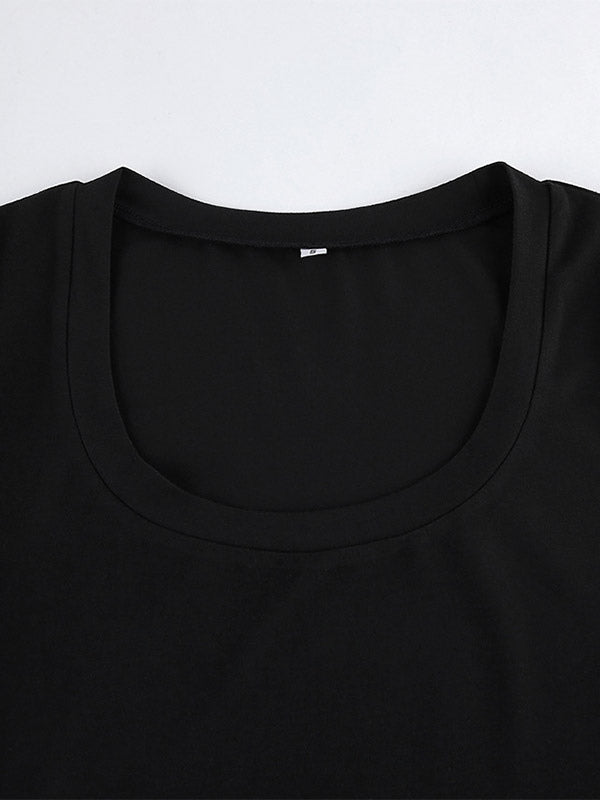 Short Sleeves Tees Black U-Neck T Shirt For Women