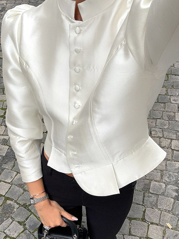 Blouse For Women Gold Buttons Stand Collar Chic Long Sleeves Tops