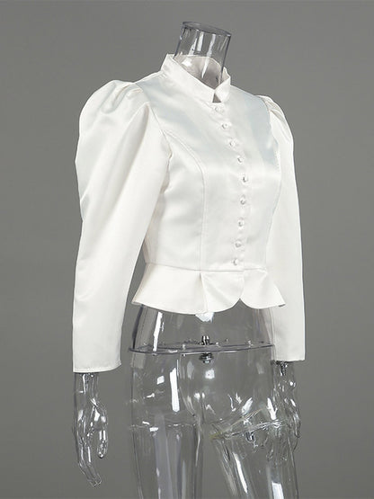 Blouse For Women Gold Buttons Stand Collar Chic Long Sleeves Tops
