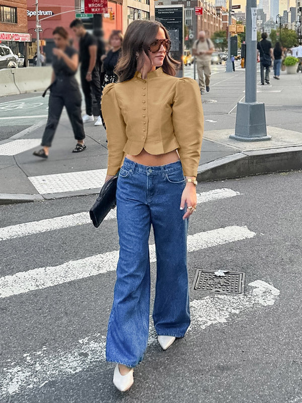 Blouse For Women Gold Buttons Stand Collar Chic Long Sleeves Tops
