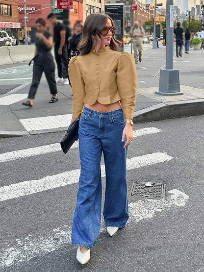 Blouse For Women Gold Buttons Stand Collar Chic Long Sleeves Tops