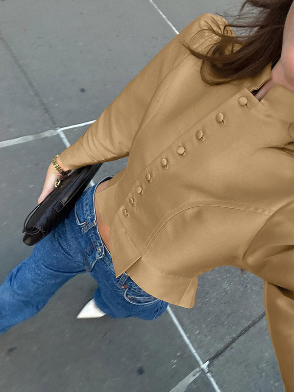 Blouse For Women Gold Buttons Stand Collar Chic Long Sleeves Tops