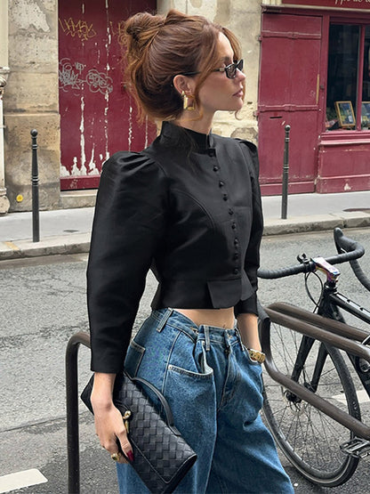 Blouse For Women Gold Buttons Stand Collar Chic Long Sleeves Tops