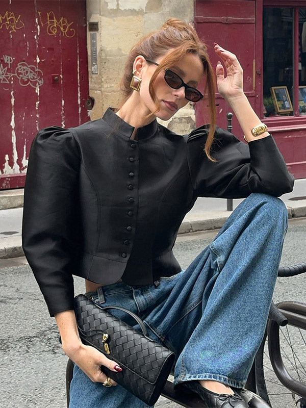 Blouse For Women Gold Buttons Stand Collar Chic Long Sleeves Tops