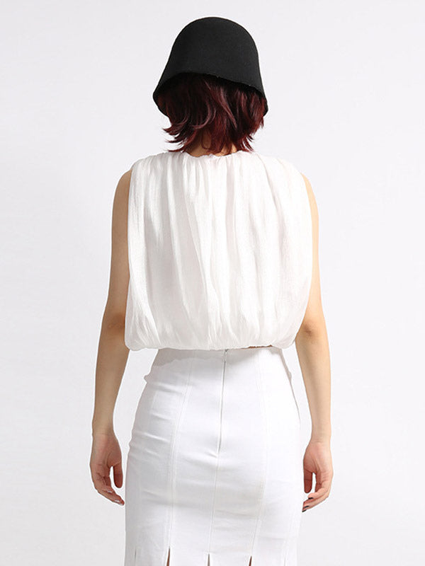 Women Crop Top Apricot Jewel Neck Chic Pleated Sleeveless Tops