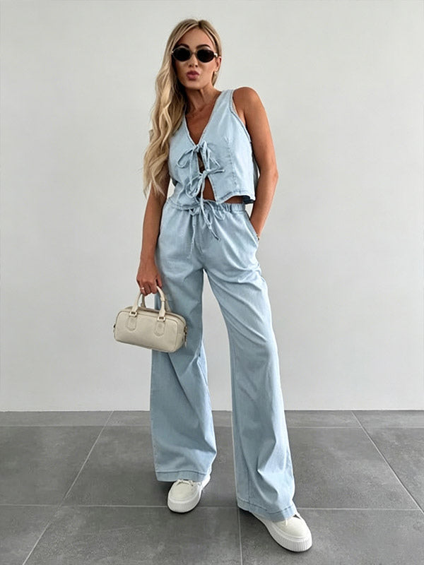 Two Piece Sets Blue Casual Street Wear V-Neck Sleeveless Pant Set
