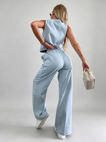 Two Piece Sets Blue Casual Street Wear V-Neck Sleeveless Pant Set