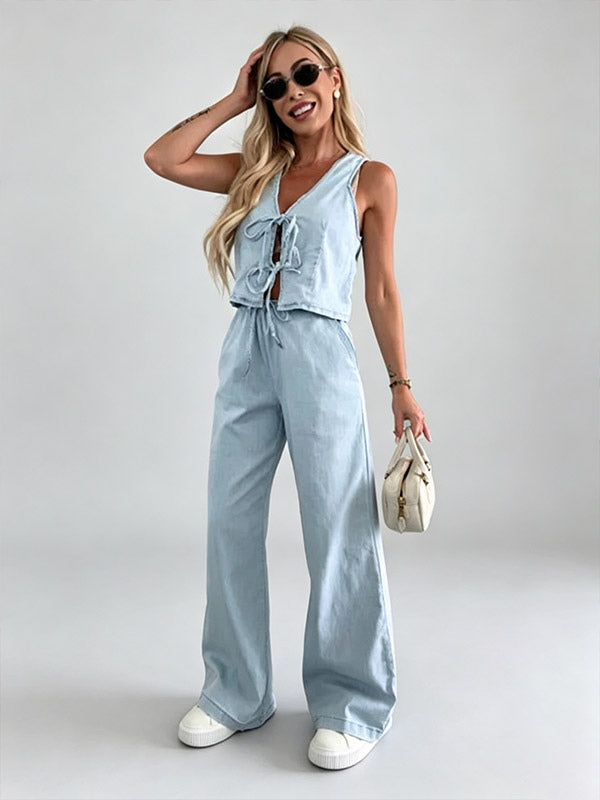 Two Piece Sets Blue Casual Street Wear V-Neck Sleeveless Pant Set