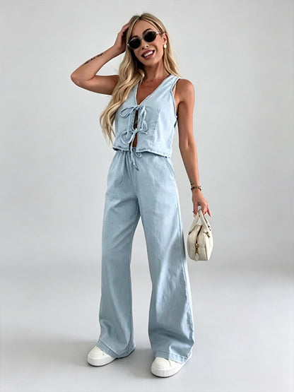 Two Piece Sets Blue Casual Street Wear V-Neck Sleeveless Pant Set