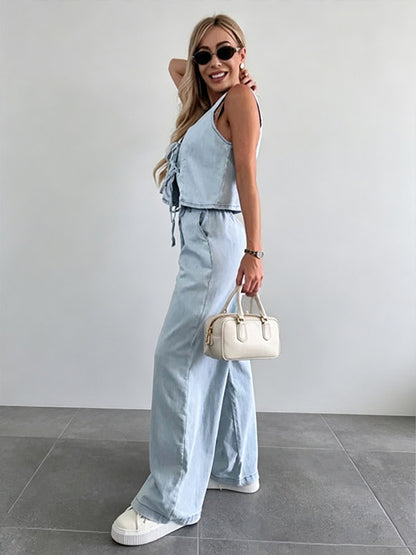 Two Piece Sets Blue Casual Street Wear V-Neck Sleeveless Pant Set