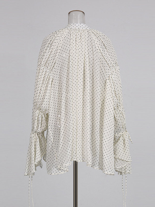 Blouse For Women White V-Neck Clothes Chic Lace Up Ruffles Long Sleeves Tops