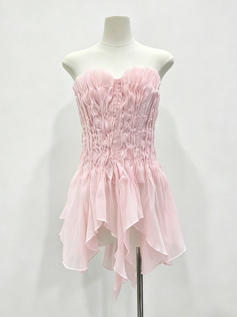 Pink Cami Top Strapless Pleated Ruffles Chic Ruffled Women Camis
