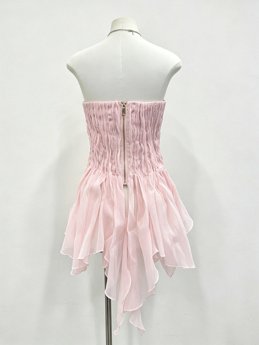 Pink Cami Top Strapless Pleated Ruffles Chic Ruffled Women Camis