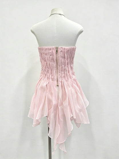 Pink Cami Top Strapless Pleated Ruffles Chic Ruffled Women Camis