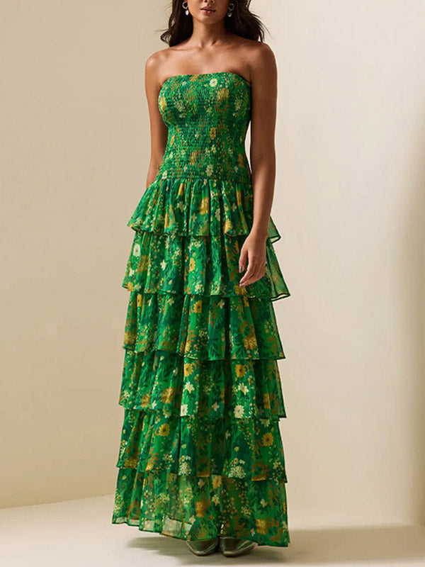 Party Dress Maxi Green Strapless Tiered Sleeveless Casual Semi Formal Dress