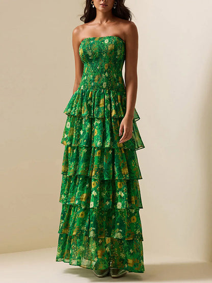 Party Dress Maxi Green Strapless Tiered Sleeveless Casual Semi Formal Dress