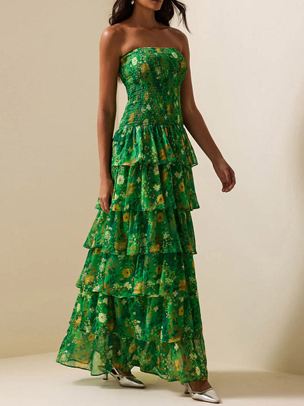 Party Dress Maxi Green Strapless Tiered Sleeveless Casual Semi Formal Dress