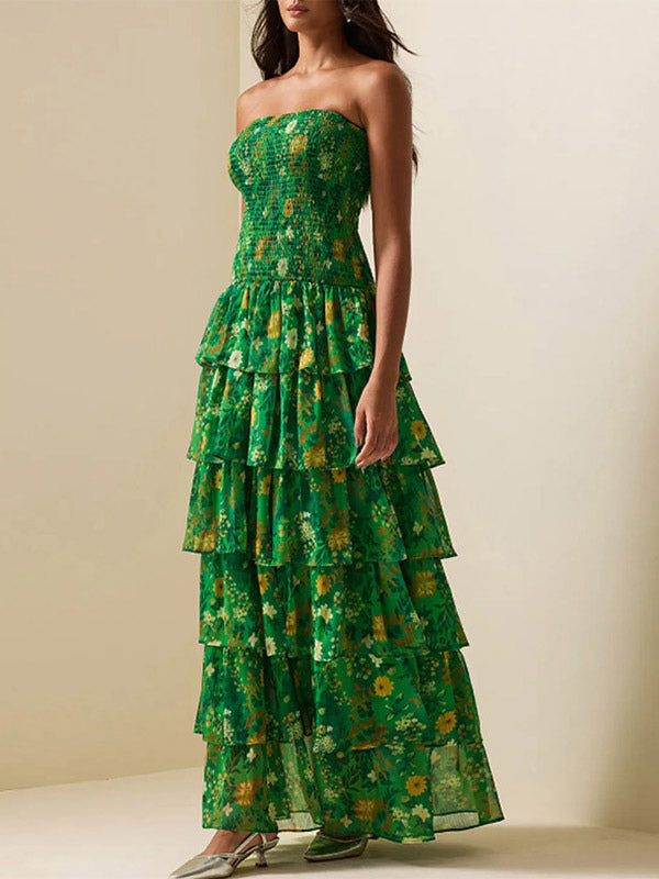 Party Dress Maxi Green Strapless Tiered Sleeveless Casual Semi Formal Dress