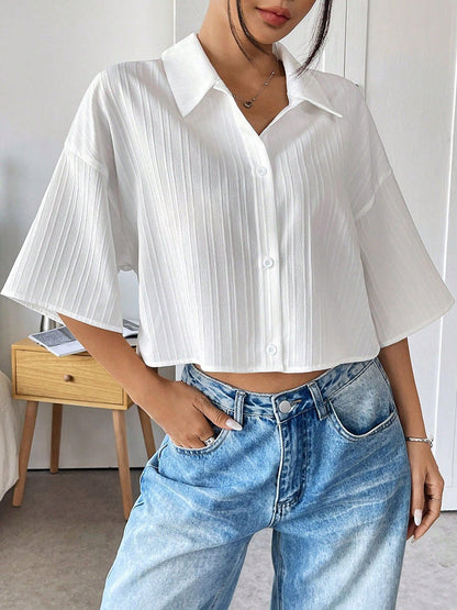 Blouse For Women White Turndown Collar Clothes Chic Buttons Half Sleeves Tops