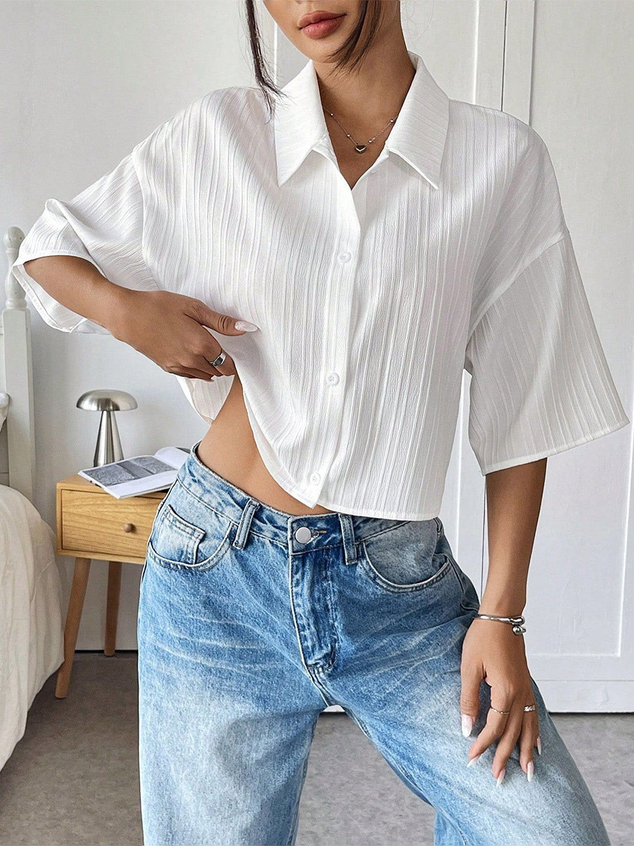 Blouse For Women White Turndown Collar Clothes Chic Buttons Half Sleeves Tops