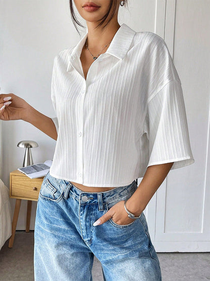Blouse For Women White Turndown Collar Clothes Chic Buttons Half Sleeves Tops