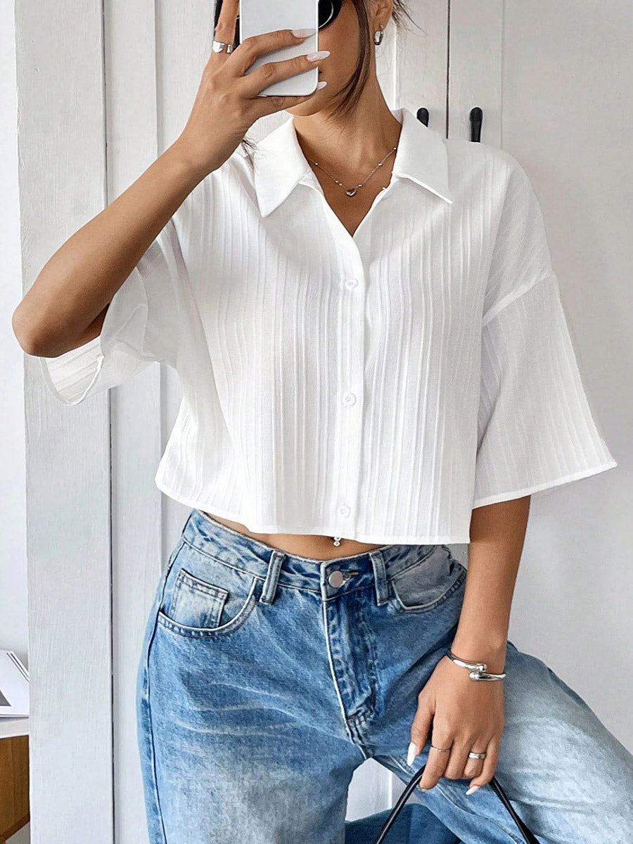 Blouse For Women White Turndown Collar Clothes Chic Buttons Half Sleeves Tops