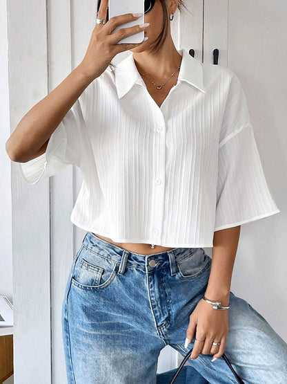 Blouse For Women White Turndown Collar Clothes Chic Buttons Half Sleeves Tops